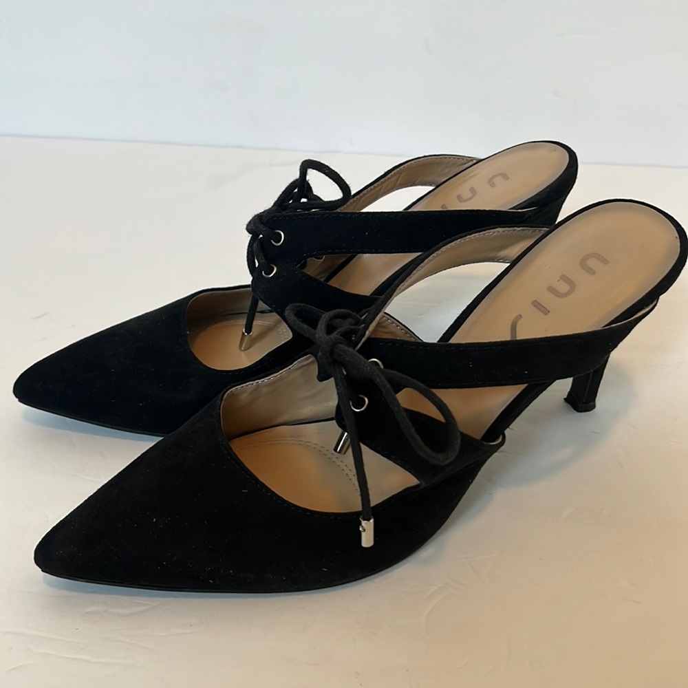 Unisa Black Faux Suede Lace Up Pointed Toe Pumps